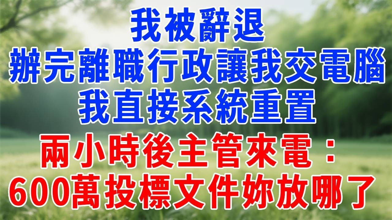 我被辭退，辦完離職行政讓我交電腦，我直接系統重置，兩小時後主管來電：600 萬投標文件妳放哪了？#人生感悟  #故事分享 #故事頻道 #职场 #生活經驗 #打脸