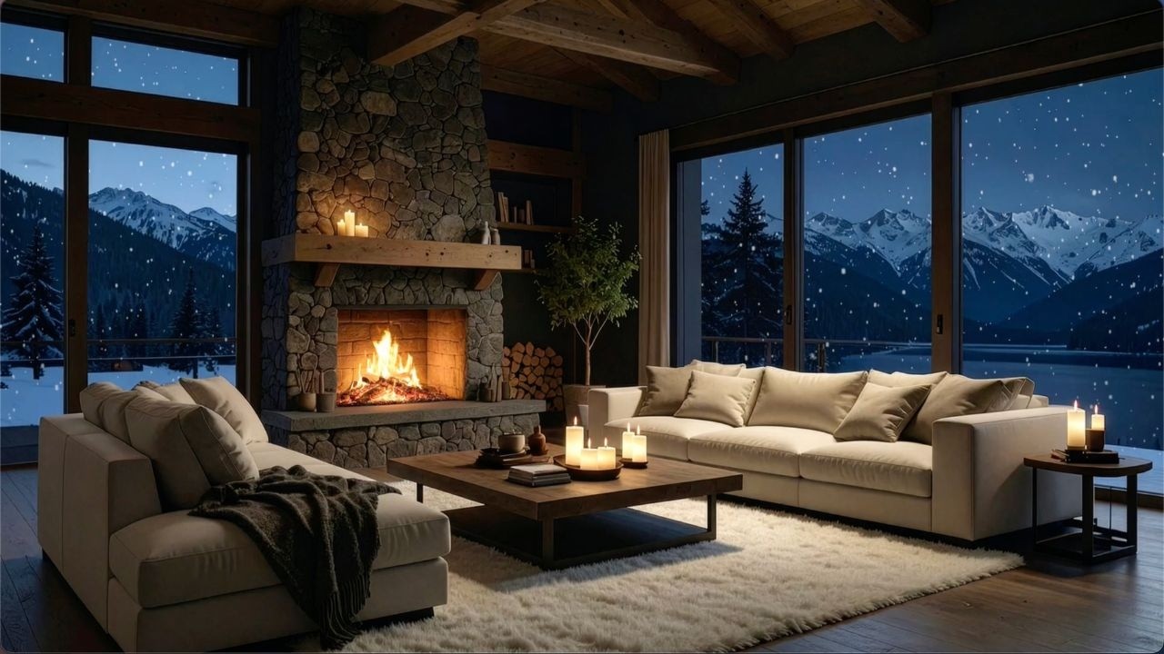 Snowy Cabin Fireplace Ambience and Relaxing Piano Jazz for Study, Sleep and Stress Relief