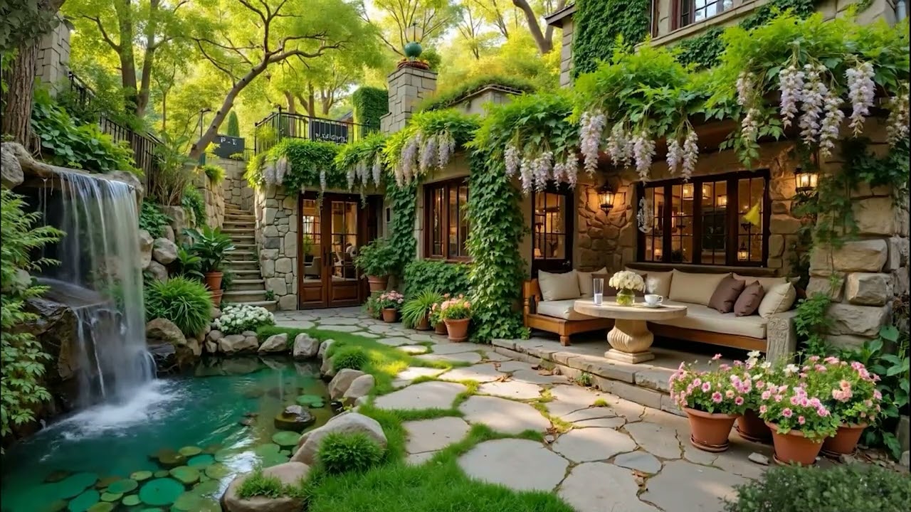 Relaxing Garden Waterfall | Peaceful Jazz Music & Nature Sounds Ambience to Work, Study