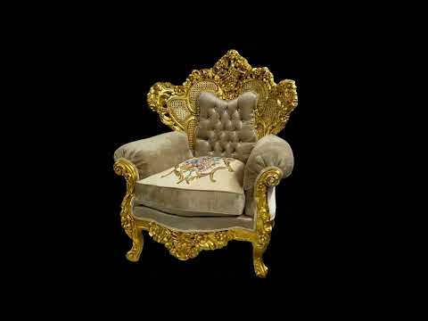 Par de Poltronas Clássicas em Veludo Bege com Moldura Dourada e Capitonê 128x97x90cm