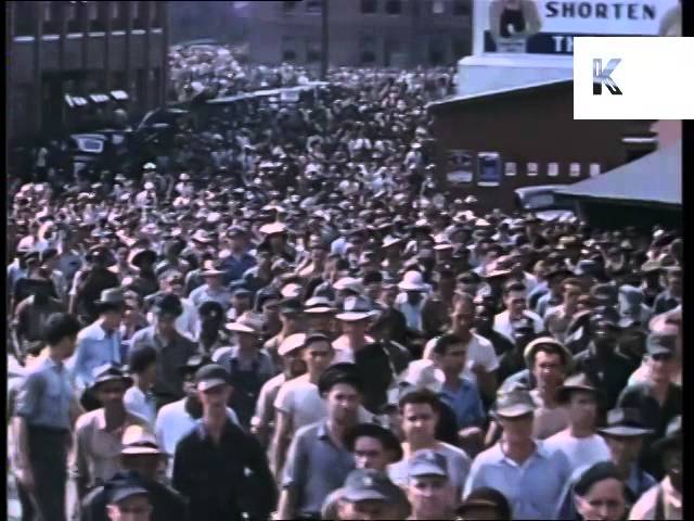 1940s USA, War Workers Arrive, Leave Work, Color Archive Footage