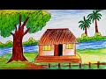 Beautiful House Drawing Near River | How to Draw a Simple Hut Near a River | Landscape Scenary Art