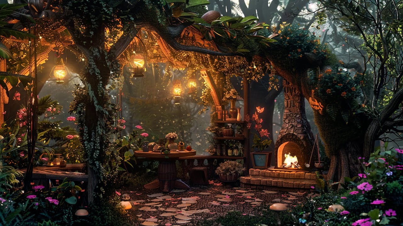 Cozy Relaxing Nook in Old Deep Forest | Enchanted Forest Music & ASMR Fireplace | Deep Sleep, Relax