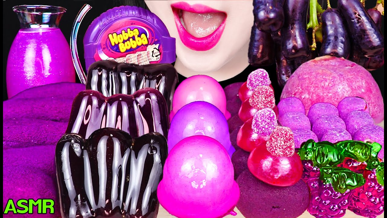 ASMR PURPLE FOODS *SAPPHIRE GRAPES TANGHULU, HUBBA BUBBA BUBBLE GUM 사파이어 포도 탕후루, 후바부바 풍선껌 먹방
