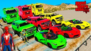 Shark Head Hulk, Spiderman &amp; Super Heroes Race In Mega Ramps By Mack Trucks &amp; Sea Bikes Super Cars