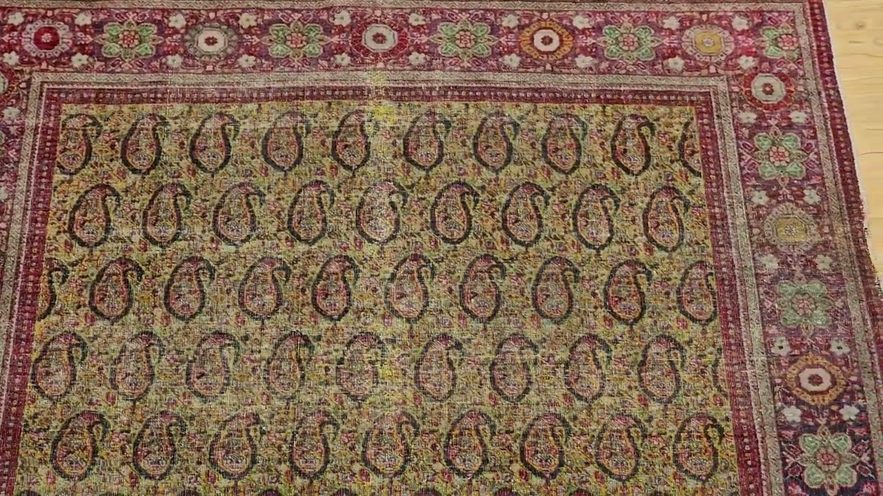 Vintage Persian Tabriz in Allover Paisley Pattern in Pale Green, Yellow, Gray, Red, SKU 2027