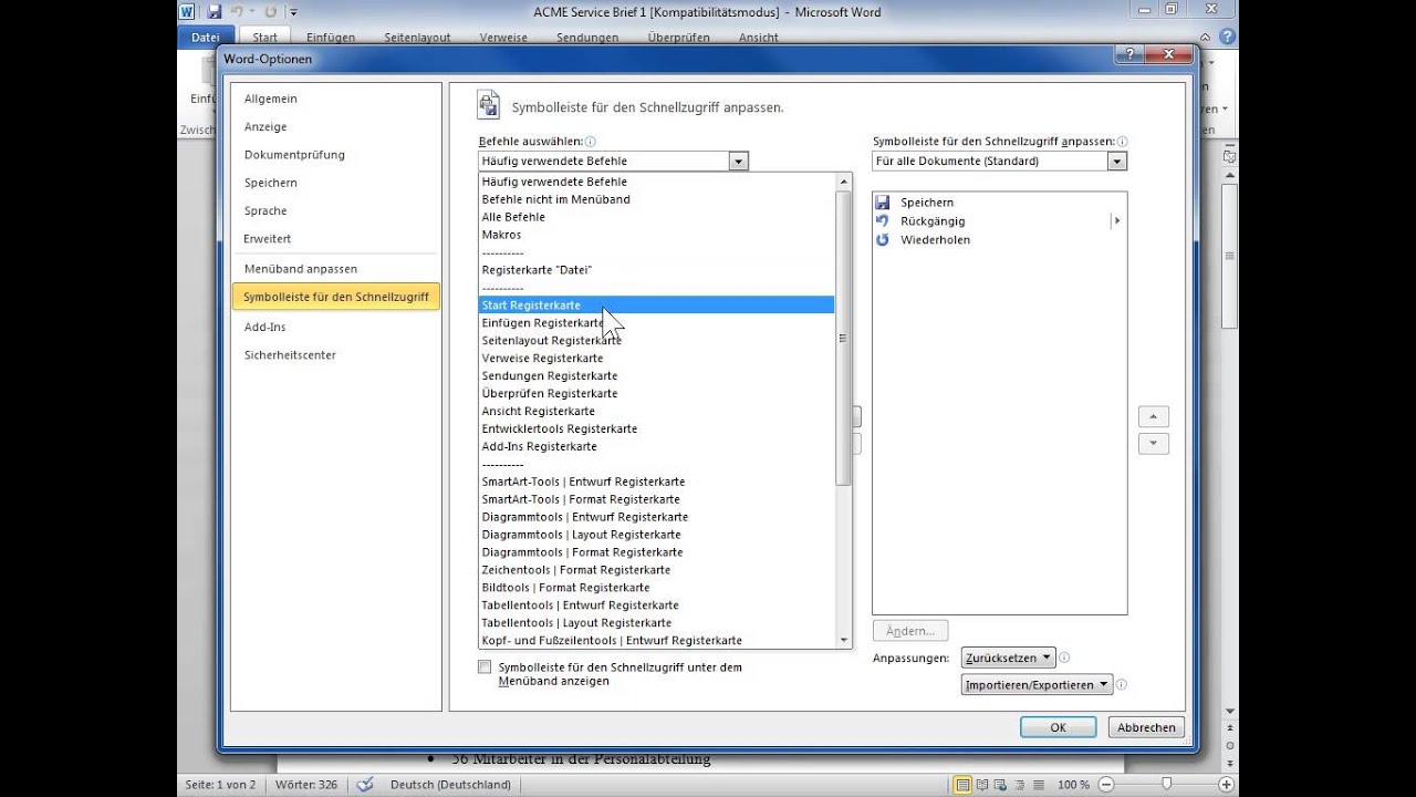 Microsoft Word 2010 Befehle zur Symbolleiste für den Schnellzugriff hinzufügen