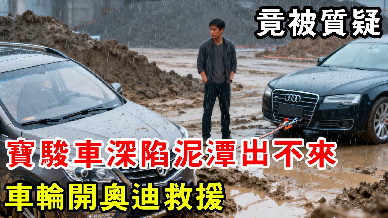 寶駿車深陷泥潭出不來，車輪救援遭質疑，車主直言你這奧迪能行嗎【暴躁的車輪】