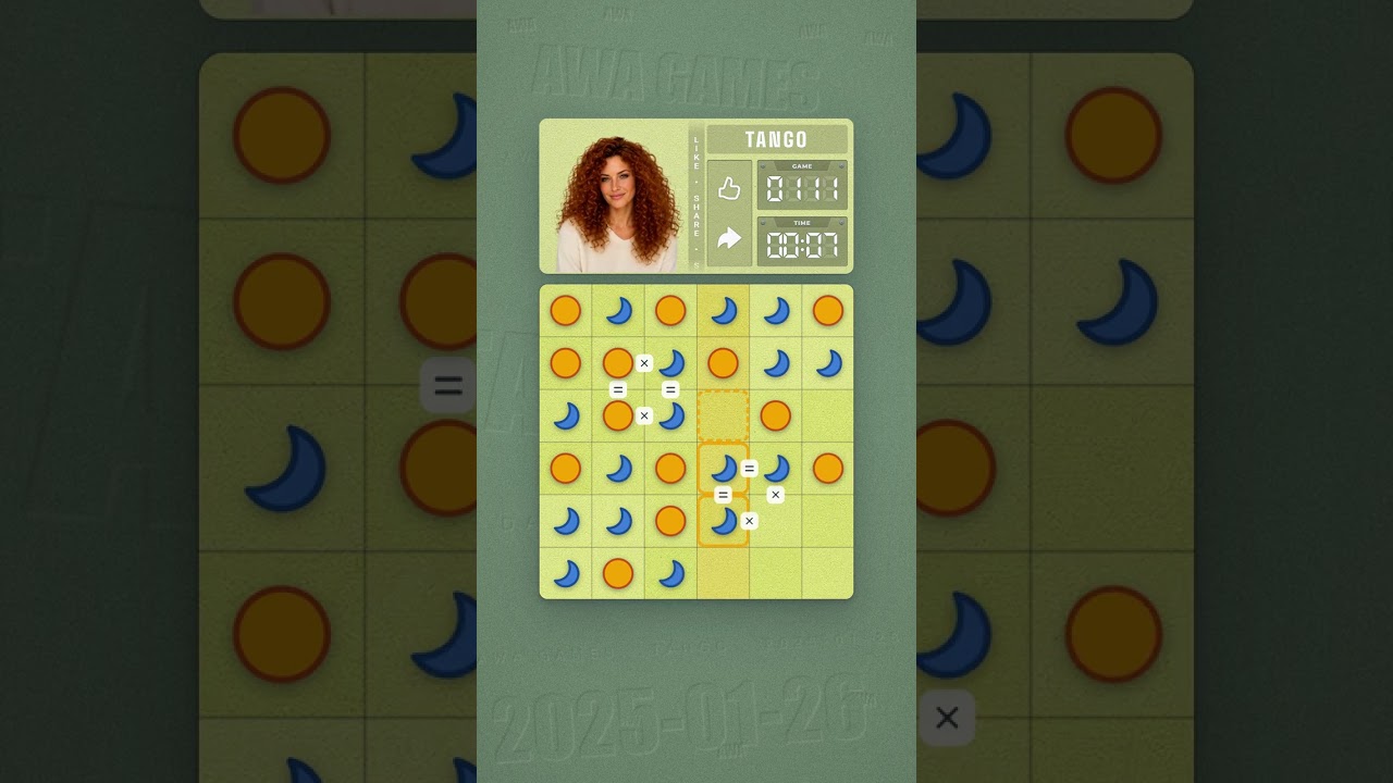 LinkedIn Tango #111 solved board for January 26, 2025, 6x6 grid