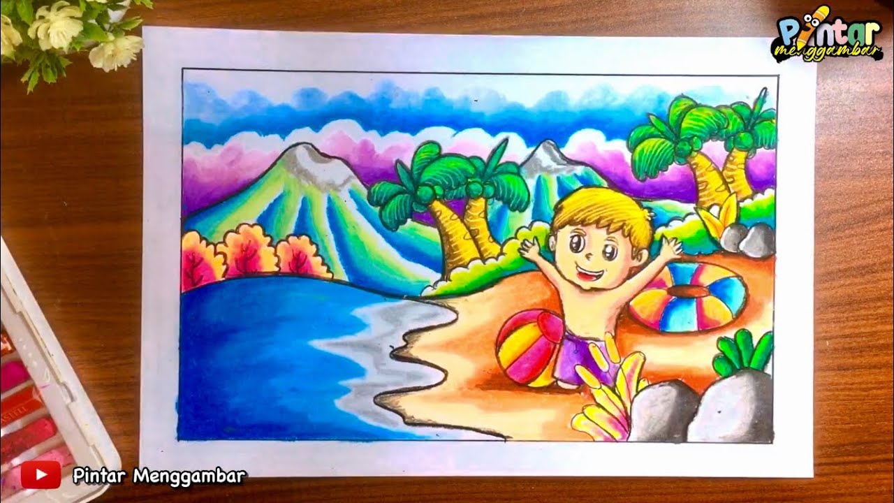 cara menggambar dan mewarnai tema berlibur ke pantai dengan crayon 