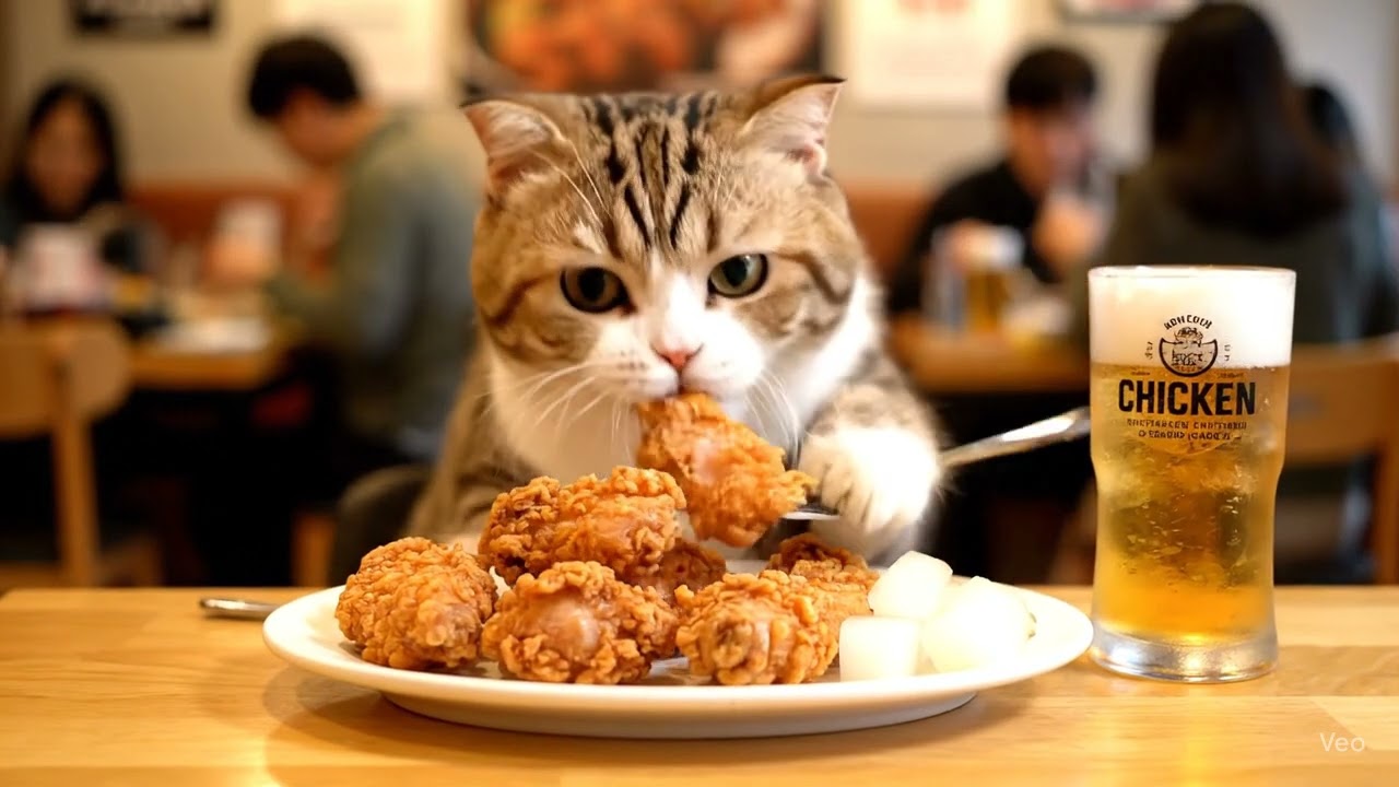 Cute Cat Shocked by Korean Fried Chicken 🍗😻 + Beer & Pickled Radish