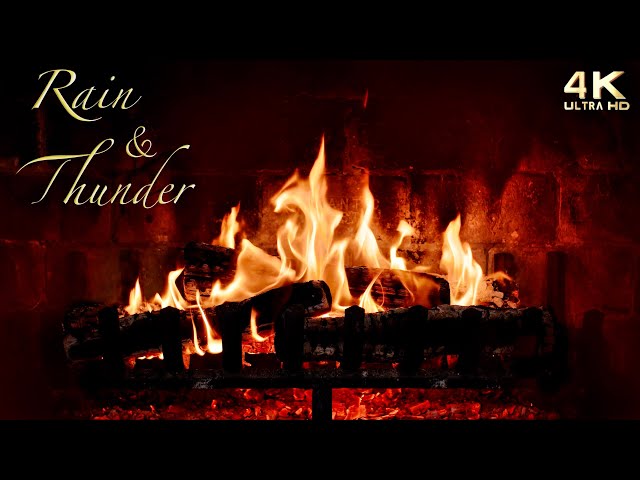 Crackling Fireplace with Rain and Rolling Thunder ~ Soft Lightning Flashes ⚡️🔥 class=