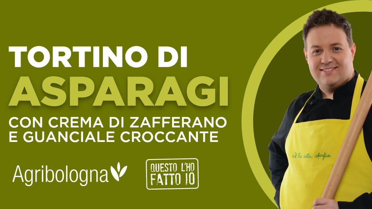 Tortino di asparagi con crema di zafferano e guanciale croccante