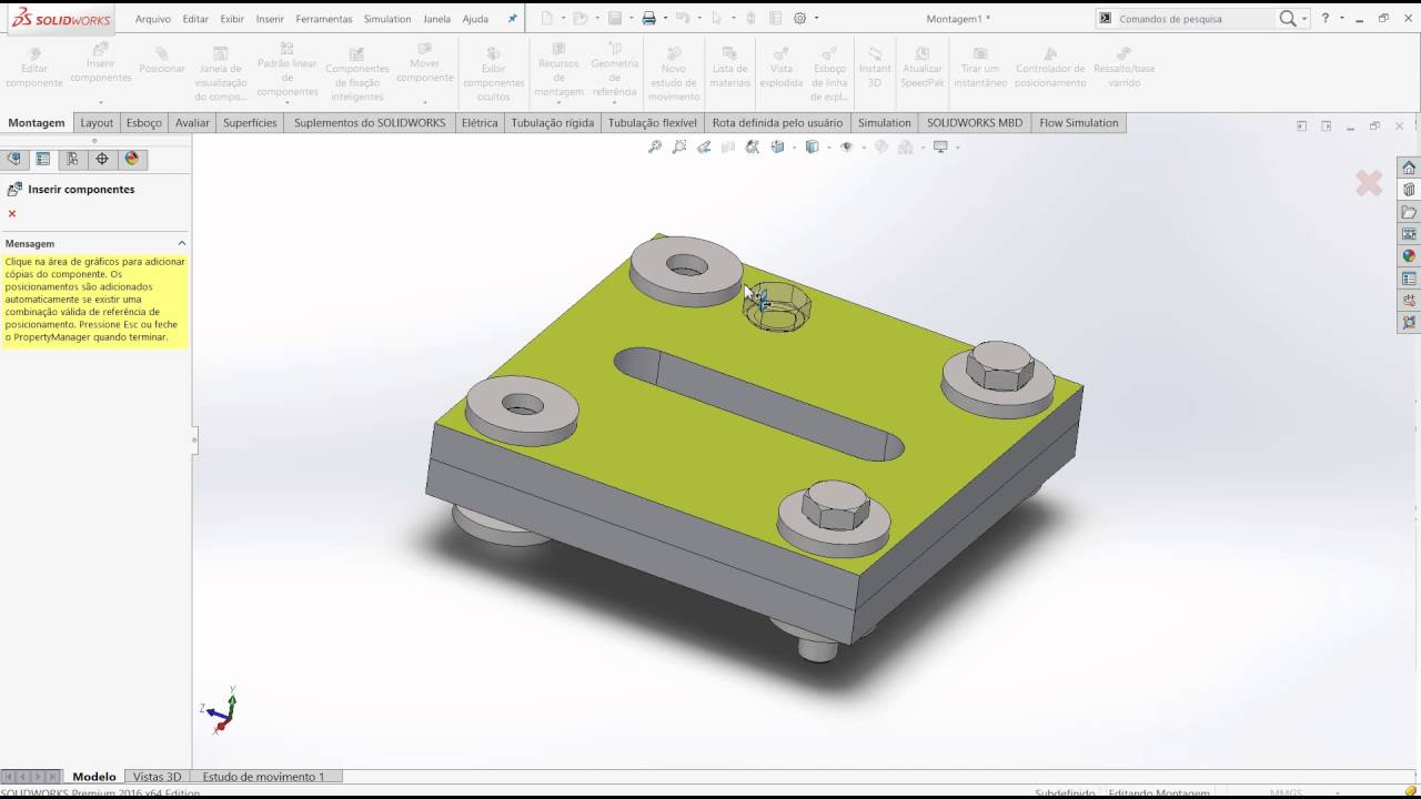 Aula 176 -  Montagem Inserindo Parafuso Porca e Arruela - Solidworks - Marcelo Pereira