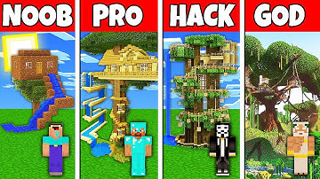 Minecraft Battle: NOOB vs PRO vs HACKER vs GOD! TREE HOUSE WITH WATER SLIDE BUILD CHALLENGE