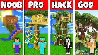 Minecraft Battle Noob Vs Pro Vs Hacker Vs God Tree House With Water Slide Build Challenge