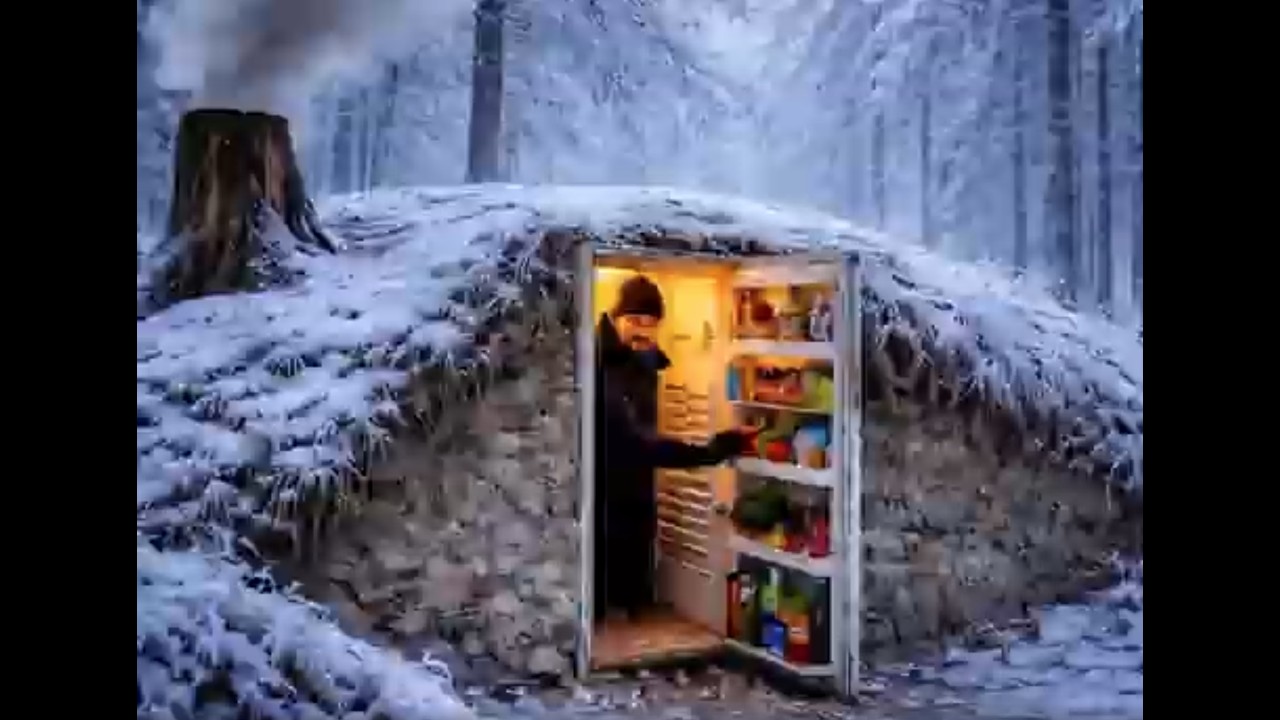 Building a shelter with an old refrigerator in the wilderness and  camping alone overnight