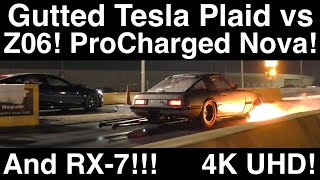 FlameSpitting RX7 vs Gutted Tesla Plaid! Z06 C7 ‘Vette! ProCharged Nova! 4 Drag Races in 4K UHD!