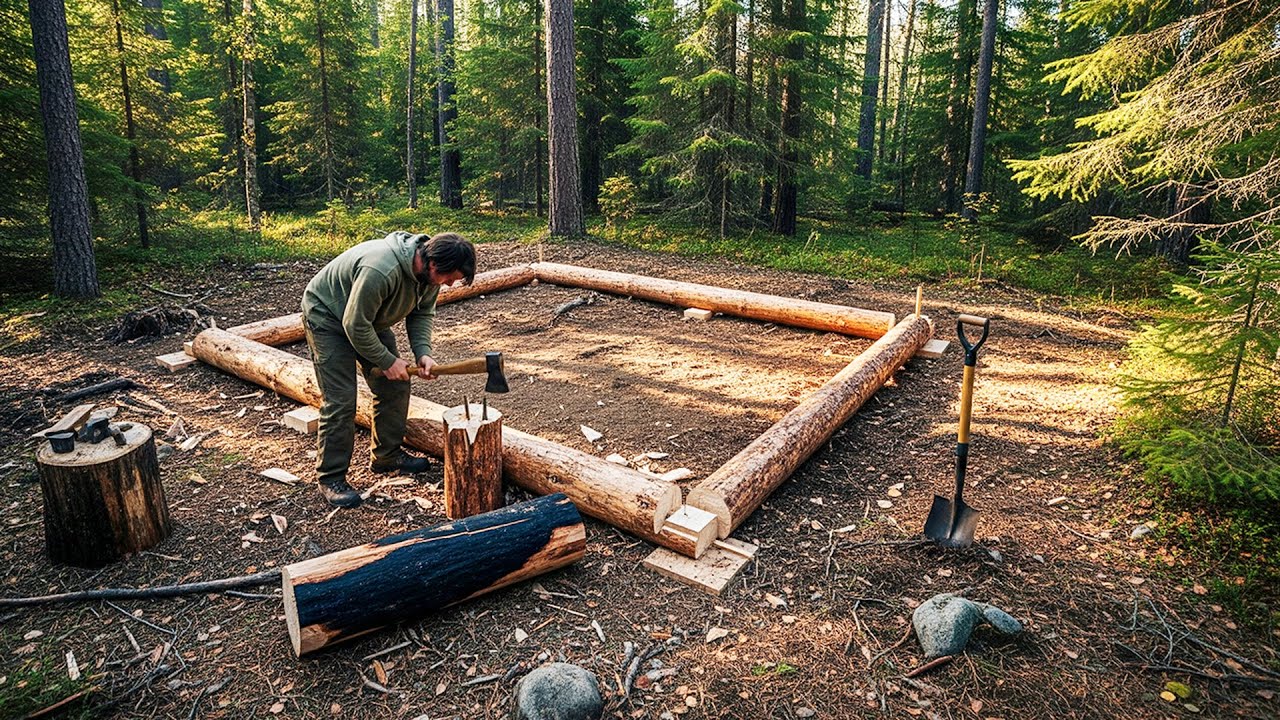 Building a Log Cabin Foundation Alone in the Forest – Primitive Off ...