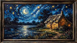 Starry Night Cottage by the Lake 🌙 Impasto Oil Painting | Frame TV Art Screensaver 4K with Music screenshot 5