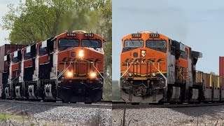 Fast 60-65 mph 4x2 BNSF Stack train! BNSF Transcon: Marceline sub..4/26/25