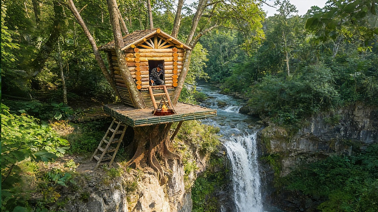 Solo Survival Build a Shelter on a 1000 Year Ancient Tree + Hunt & Cook