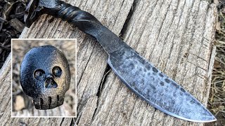 Forging a railroad spike knife with a skull pommel