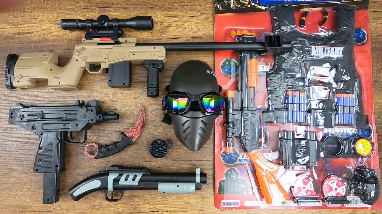 AWM Sniper Rifle ! BB Guns Uzi, Shotgun, Toy Military Gun Set ! YouTube