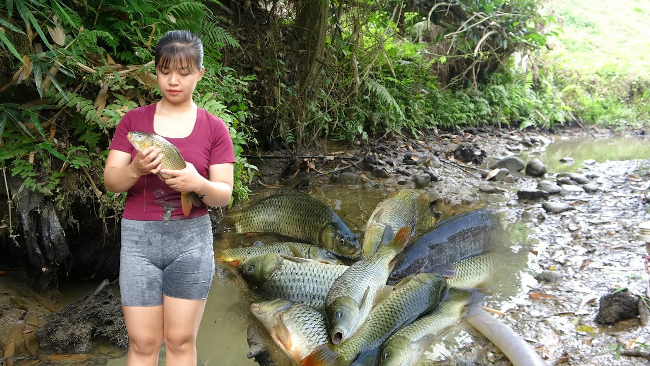 Wild fish hunting, beautiful girl fishing with pump in wild pond ...