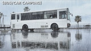 RV bustraversing Japan and heavy rain car camping