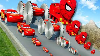 Spiderman Train vs Big & Small Mcqueen with Monster Saw wheels vs Mcqueen | BeamNG