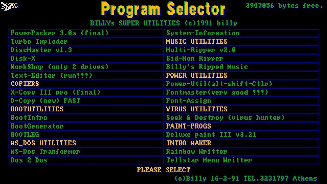 AMIGA INTRO & SELECTOR BILLY'S SUPER UTILITIES COLLECTION FROM 1991 AMIGA OCS & XCOPY FINAL