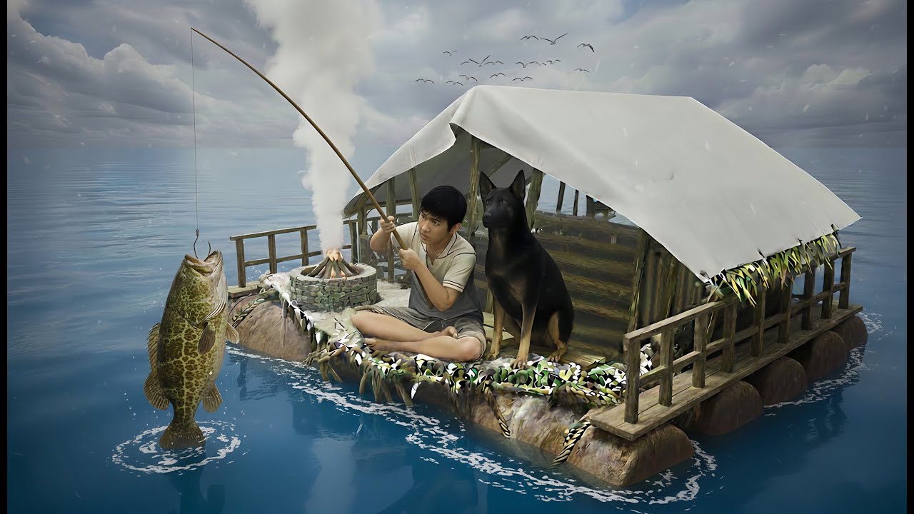 Survival on a Floating Trash Raft with My Dog (Ep2) | Raft Upgrade & Seafood Cooking