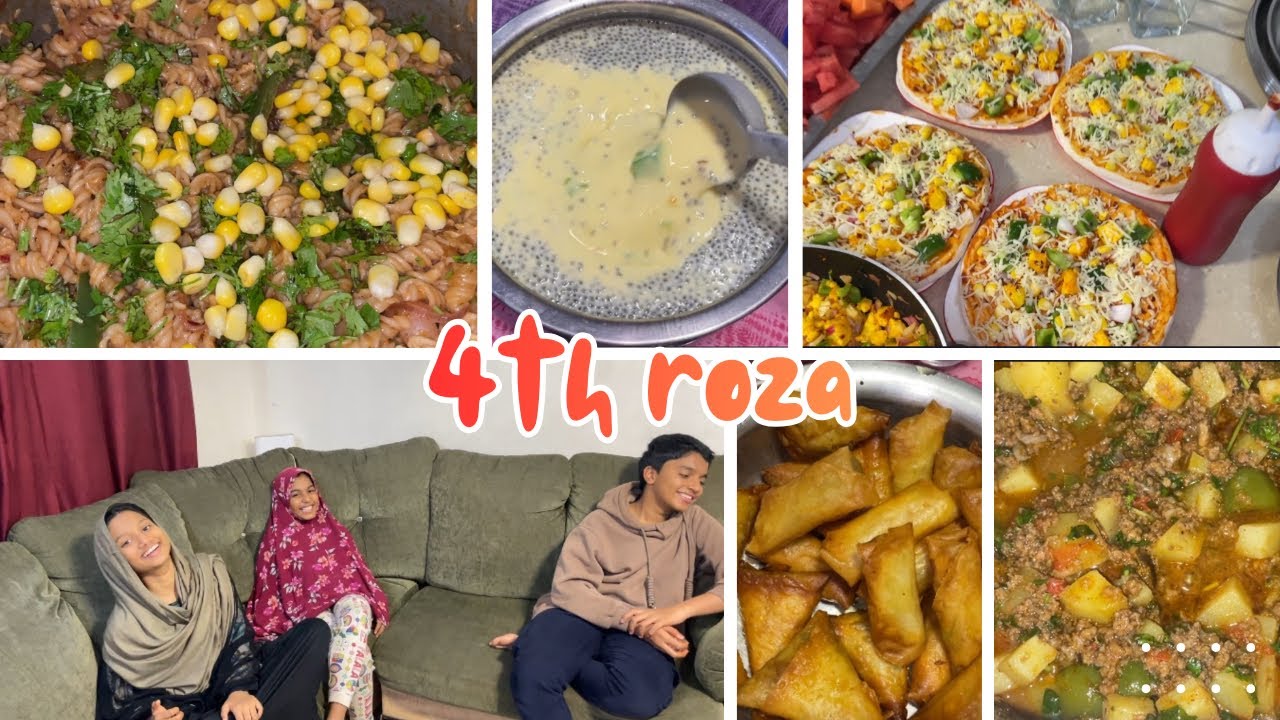 4th roza with Pizza , special paneer rolls , chicken samosa , chicken corn pasta and custard falooda