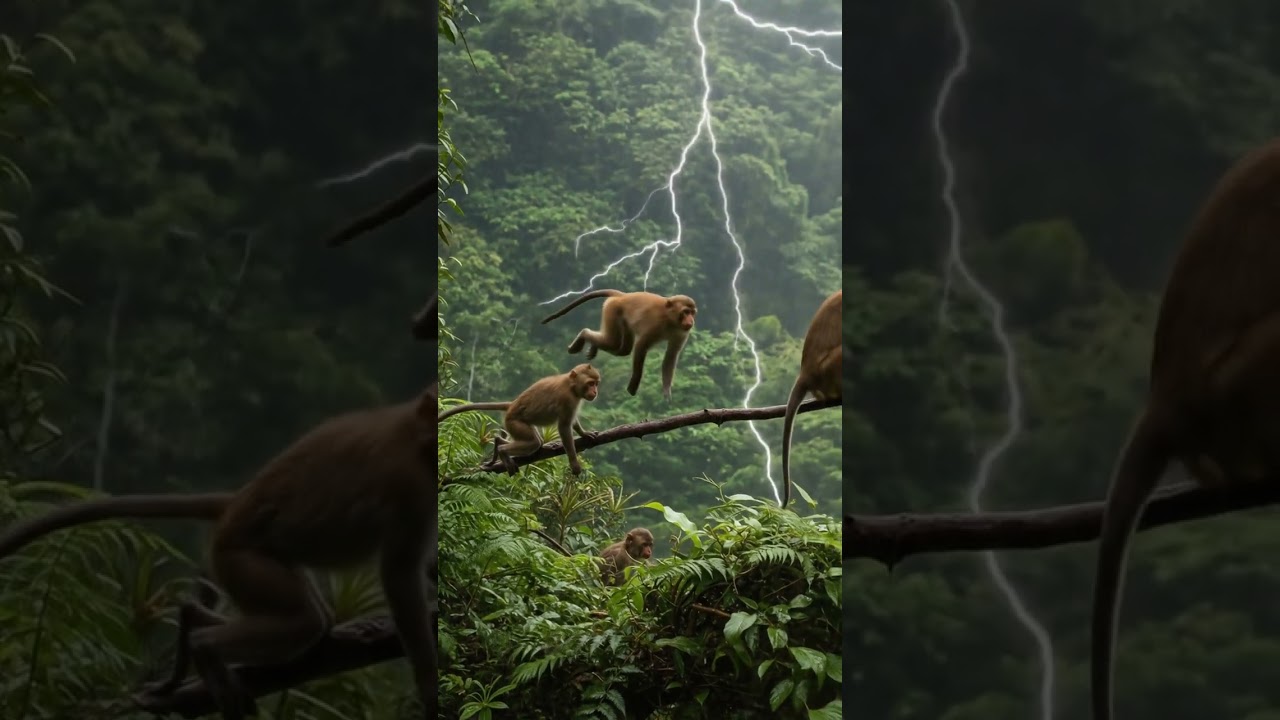 A group of monkeys leaps playfully from tree to tree in the forest#animals #wildlifeentertainment