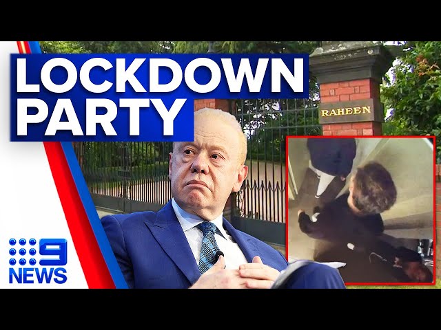 Leaked CCTV shows billionaires hiding from police at lockdown party | 9 News Australia