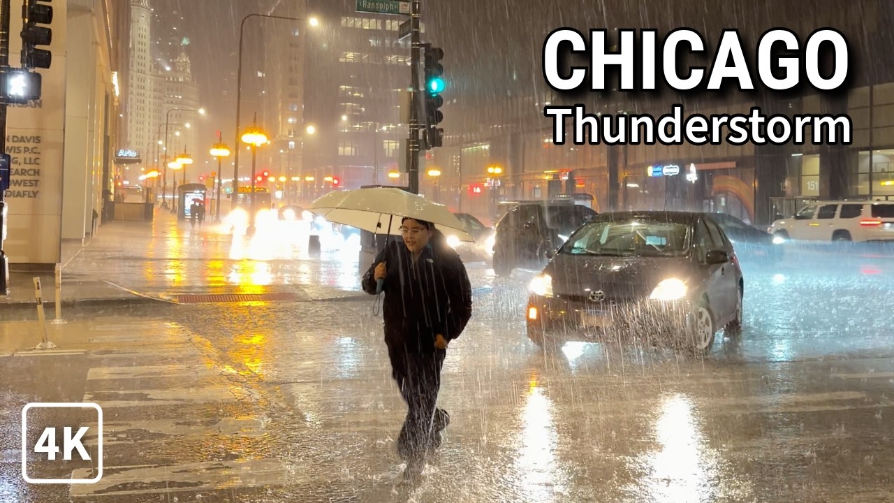 Heavy Rain Walk In Chicago - Downtown Walking Thunderstorm and Rainstorm Lightning ASMR 4K