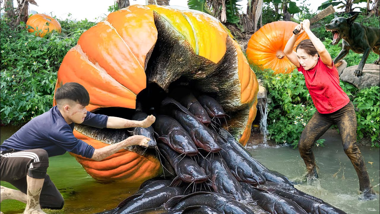 GIANT Pumpkin Exploded with Hundreds of Catfish - What Did the Female Hunter Do Next?