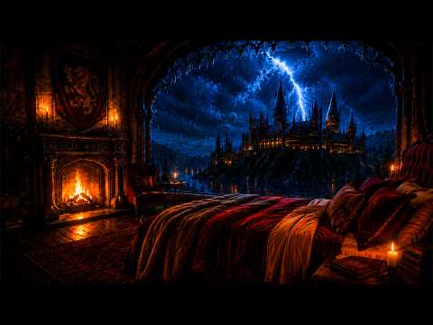 Hogwarts Heavy Rain, Thunder and Fireplace Sounds Create a Cozy Night for Deep Relaxation and Sleep