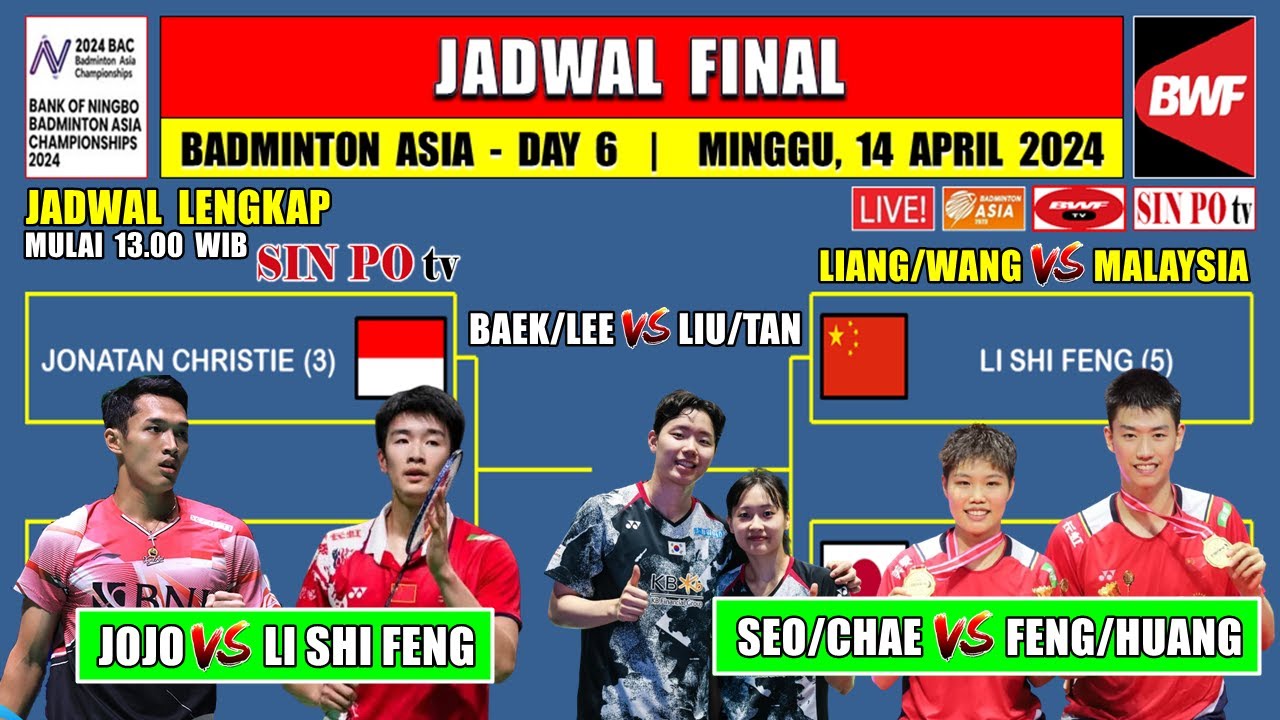 Jadwal Final Badminton Asia Championship 2024 ~ JOJO vs LI SHI FENG ...