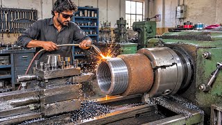 “6-Inch Iron Pipe Threading on Lathe Machine | Amazing Precision Turning & Metalworking” 🔥🔧