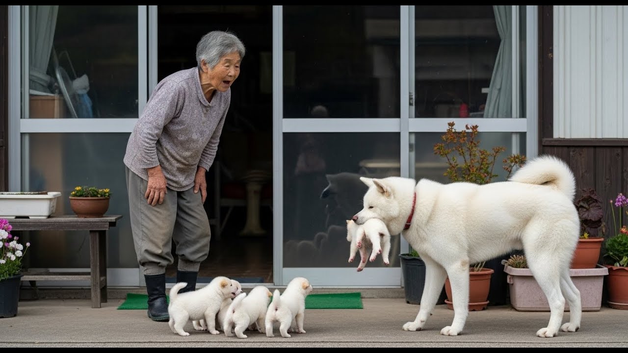 秋田犬は前日に自分を助けた老婦人のところへ子犬を連れて行ったが、そこで信じられない出来事が起こった...