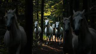 white horse's 🐎 dancing through the enchanted forest🌲#whitehorses
