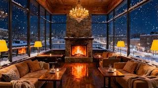 🔴LIVE;Cozy Fireplace Jazz Night ❄️🔥Relaxing Café Ambience with Snowy City View &amp; Warm Winter Vibes