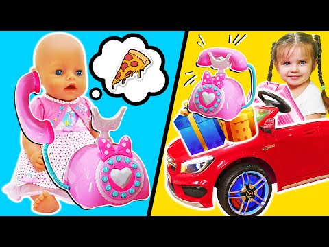 Cooking food for baby born doll & Kids playing with toys. Pretend play dolls & Feeding baby doll