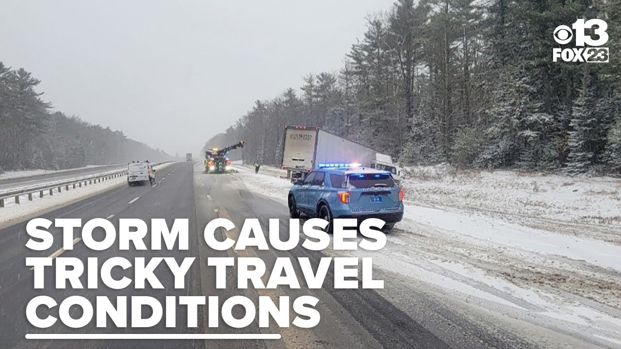 Snowstorm creates tricky overnight travel conditions in Maine - YouTube