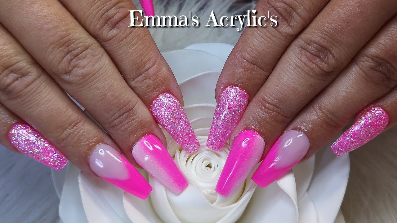 Acrylic nails, bright pink Barbie girl design, full set! YouTube