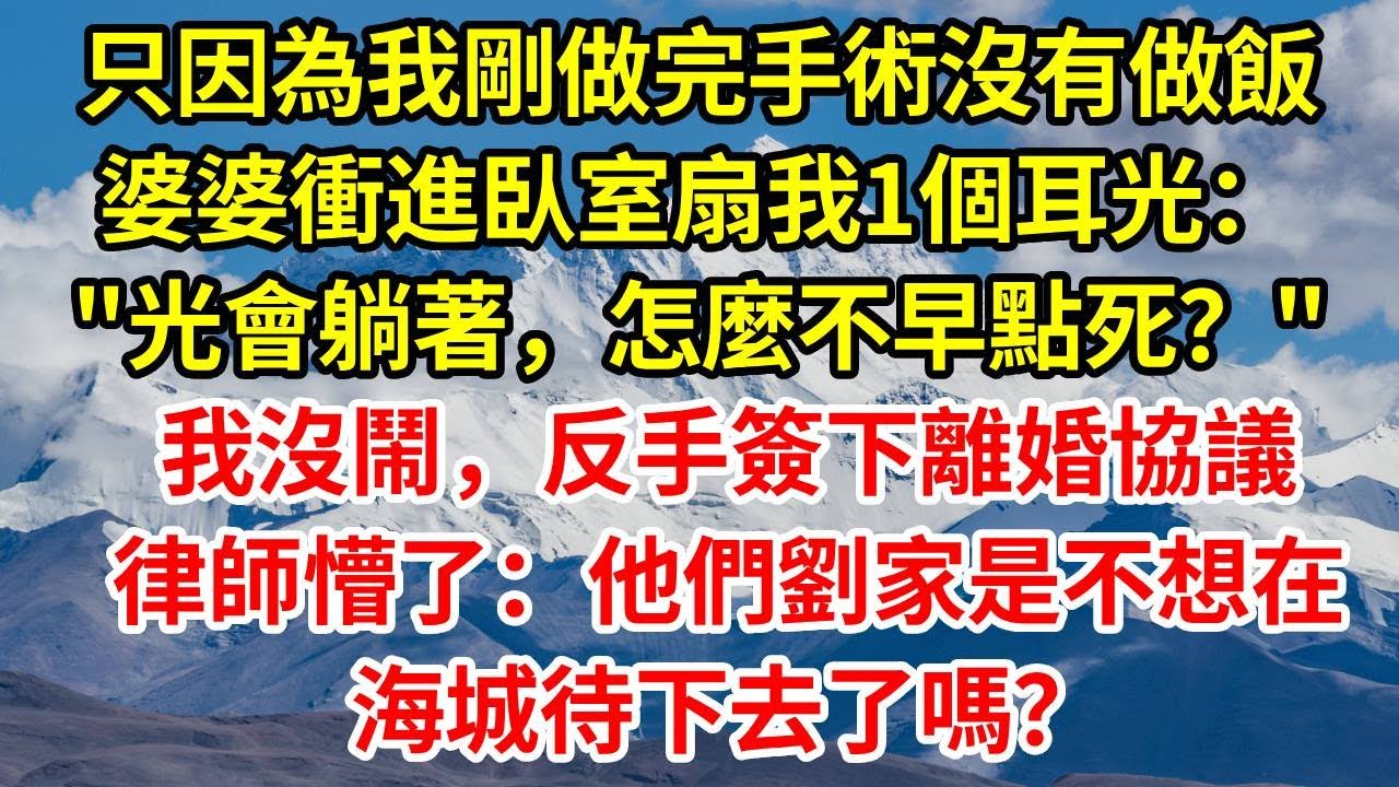 只因為我剛做完手術沒有做飯，婆婆衝進臥室扇我1個耳光：”光會躺著，怎麼不早點死？“我沒鬧，反手簽下離婚協議，律師懵了：他們劉家是不想在海城待下去了嗎？#人生感悟 #故事分享 #故事頻道 #情感