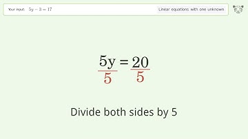 Linear equation with one unknown: Solve 5y-3=17 step-by-step solution