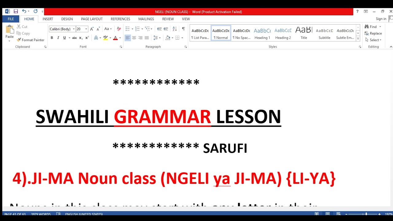SWAHILI GRAMMAR :NGELI ya JI-MA {LI-YA}